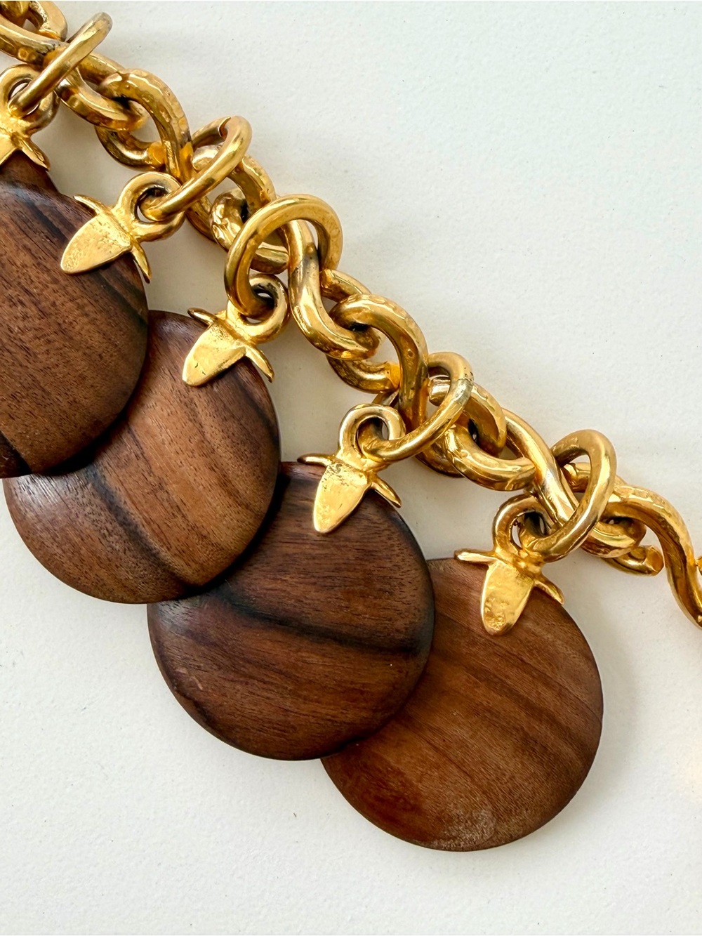 Celine Vintage Gold-Tone Chain Bracelet with Brown Wood Disc Charms - Picture 5 of 13